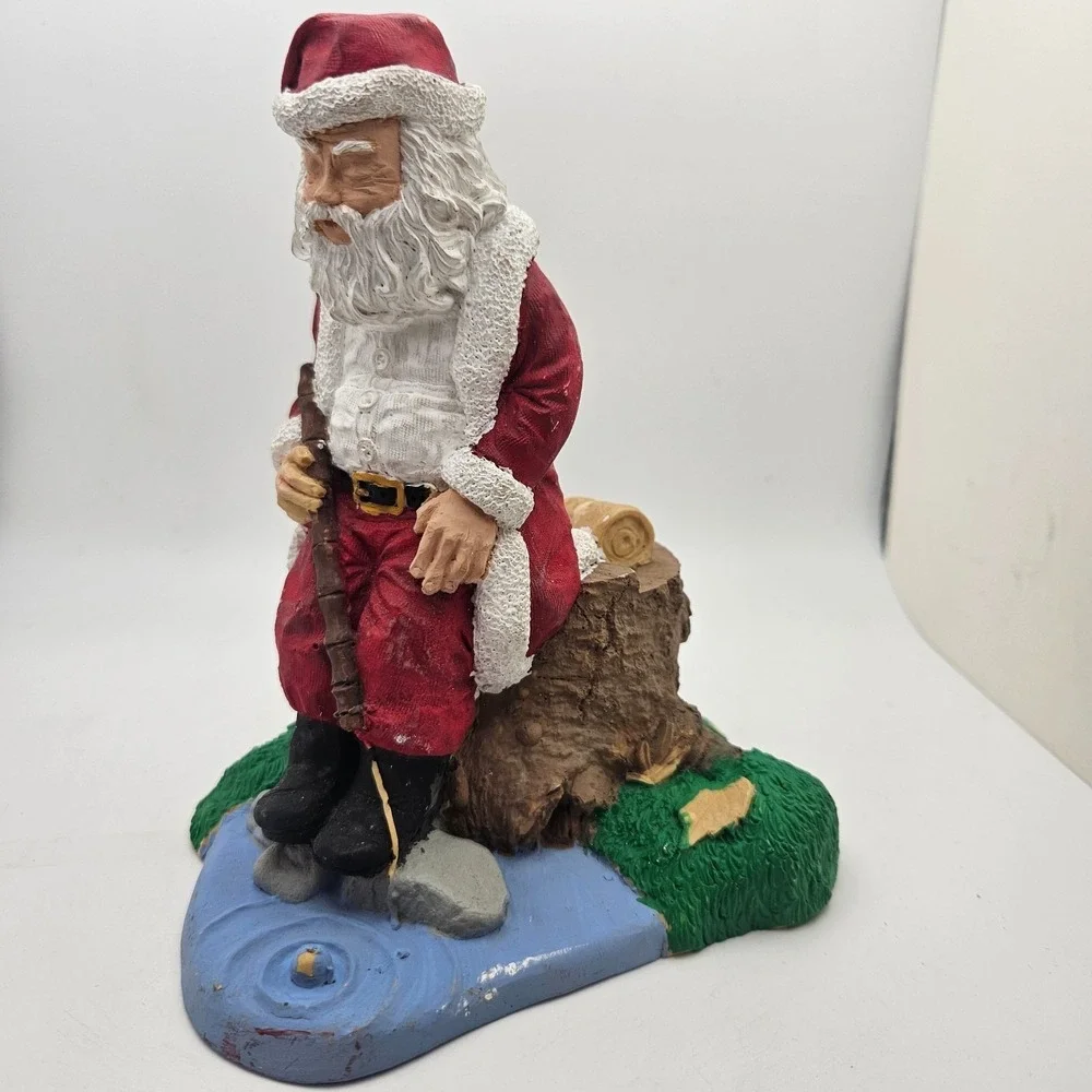 Vintage 1993 Sleeping Santa Claus Figurine Sitting on Tree Stump Creek Fishing